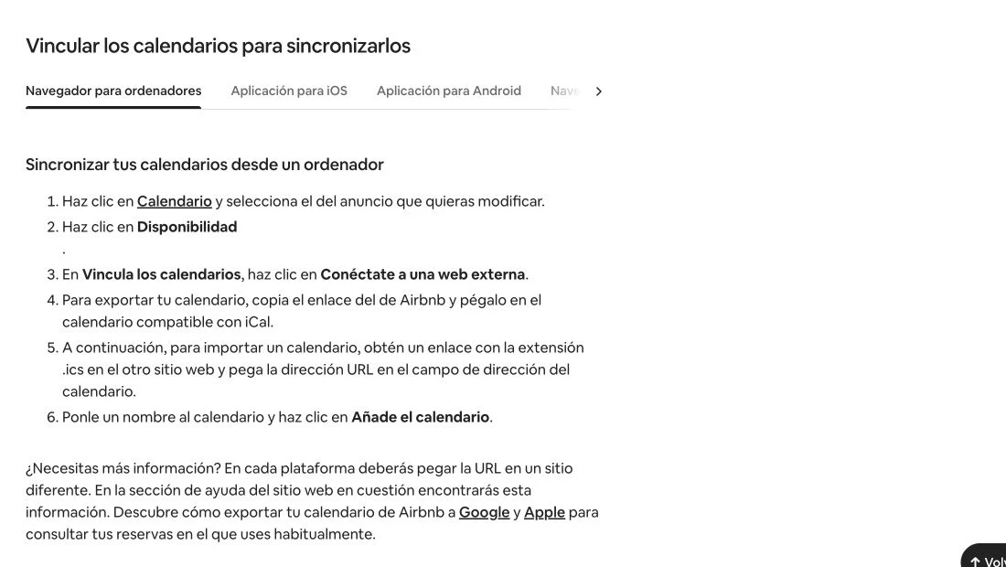 Instrucciones oficiales de Airbnb para vincular, exportar e importar calendarios desde un ordenador