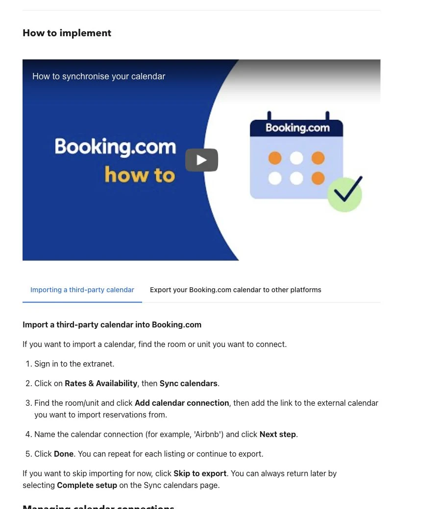 Instrucciones oficiales de Booking.com para importar un calendario externo
